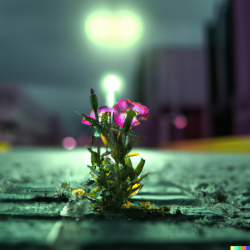 DALL·E 2022-08-21 02.57.32 - small colorful psychedelic flower in the middle of the street in a dark, dystopian anarchistic city, 8k, high resolution